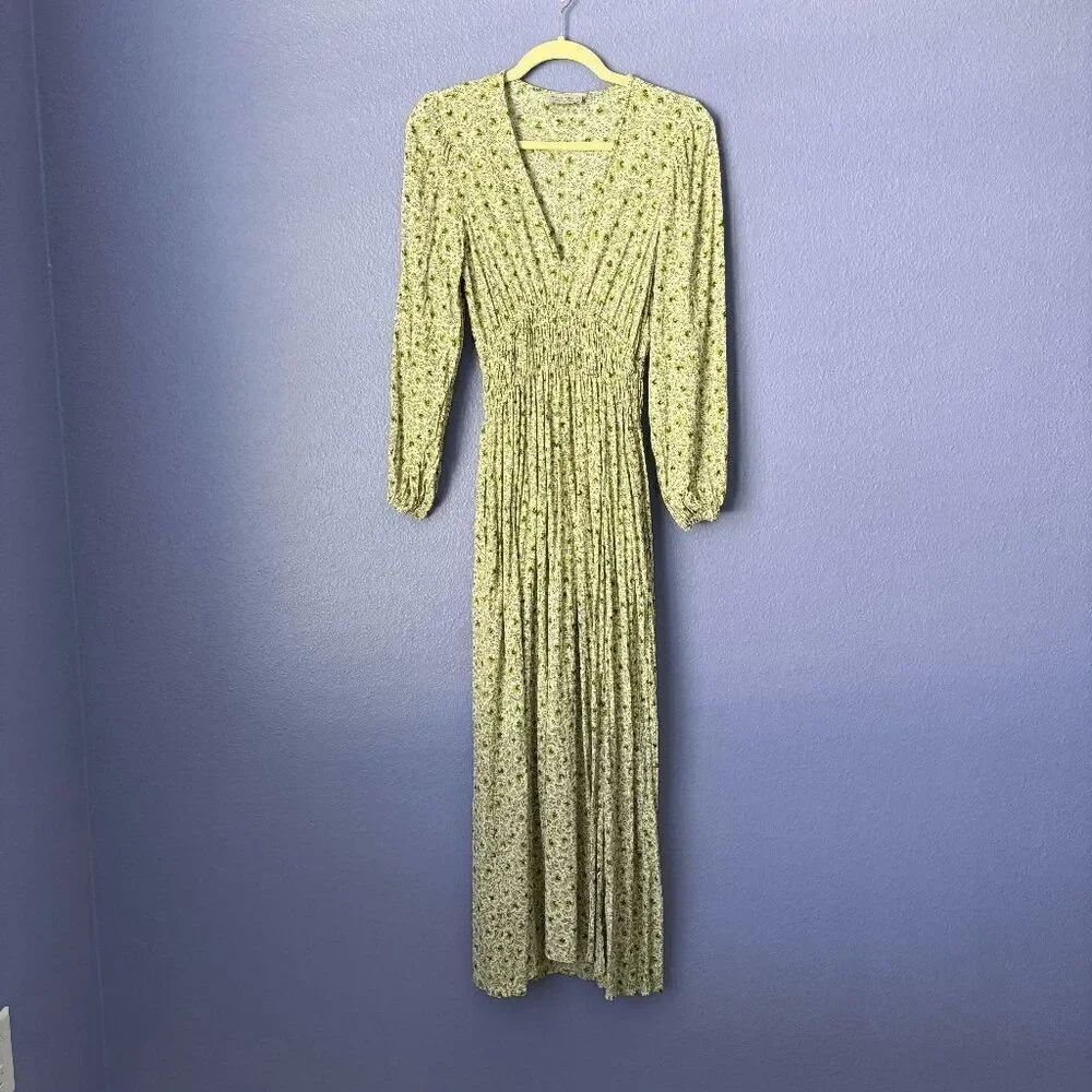 Women's Dress Forum Green Multi Pattern Small Maxi V Neck Long Sleeve Leg Slit